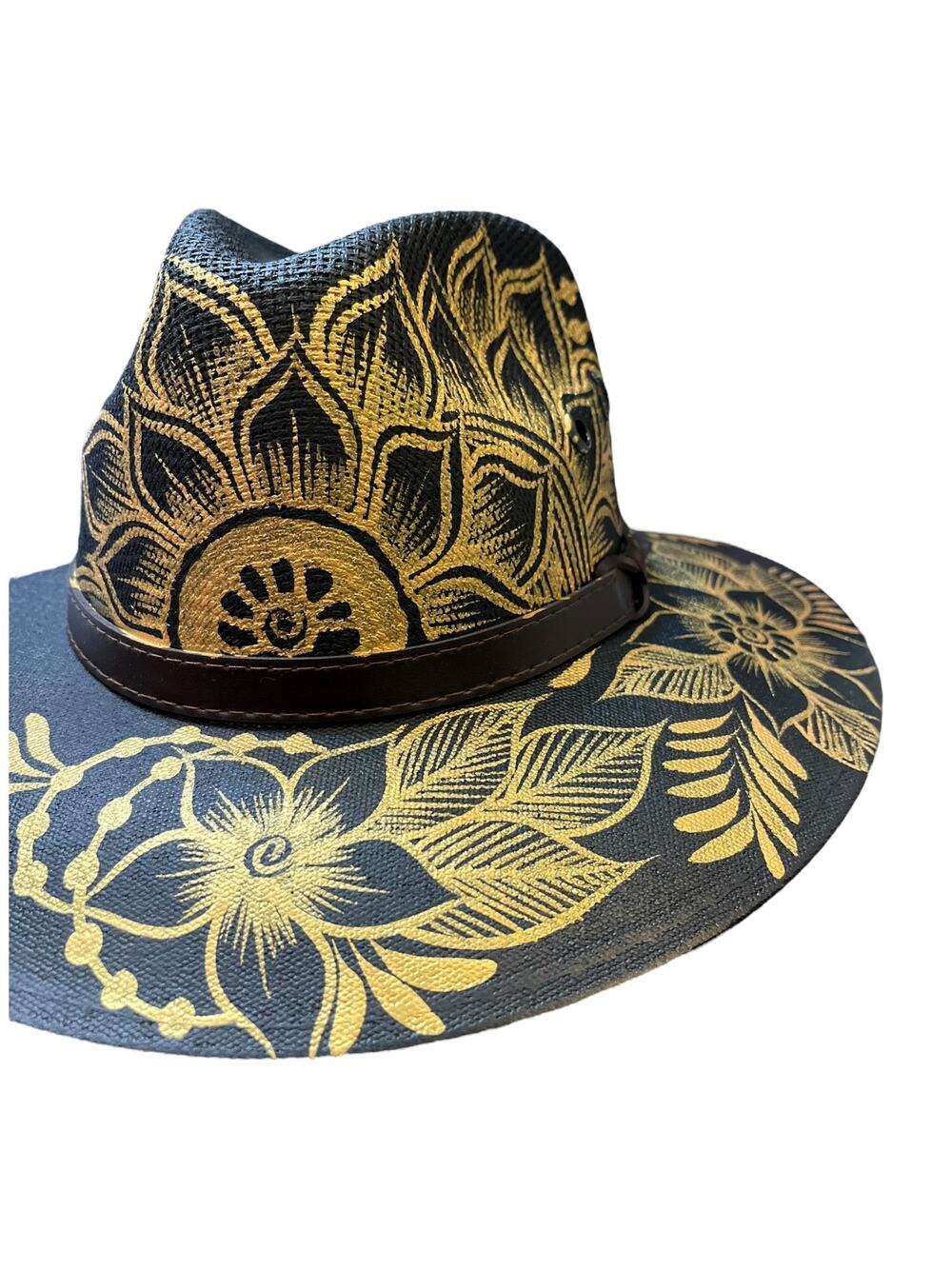 HAT MEXICAN Artisanal Hand Painted Fedora Floral Sombrero Panama Bohemian Black
